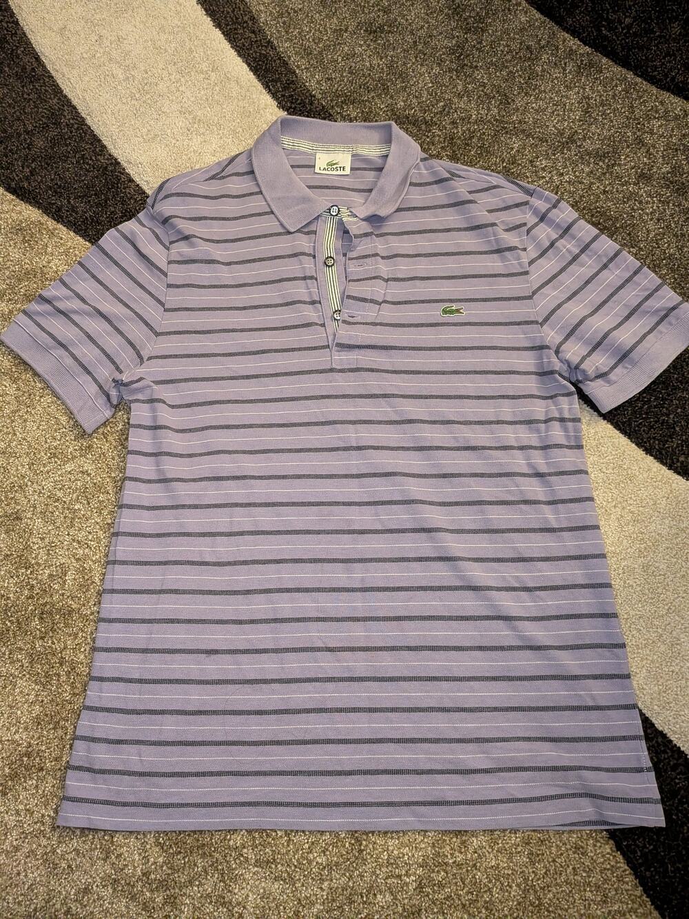 Lacoste Mens Polo Shirt Size 4 Medium Lavender Purple Navy Striped Croc Logo
